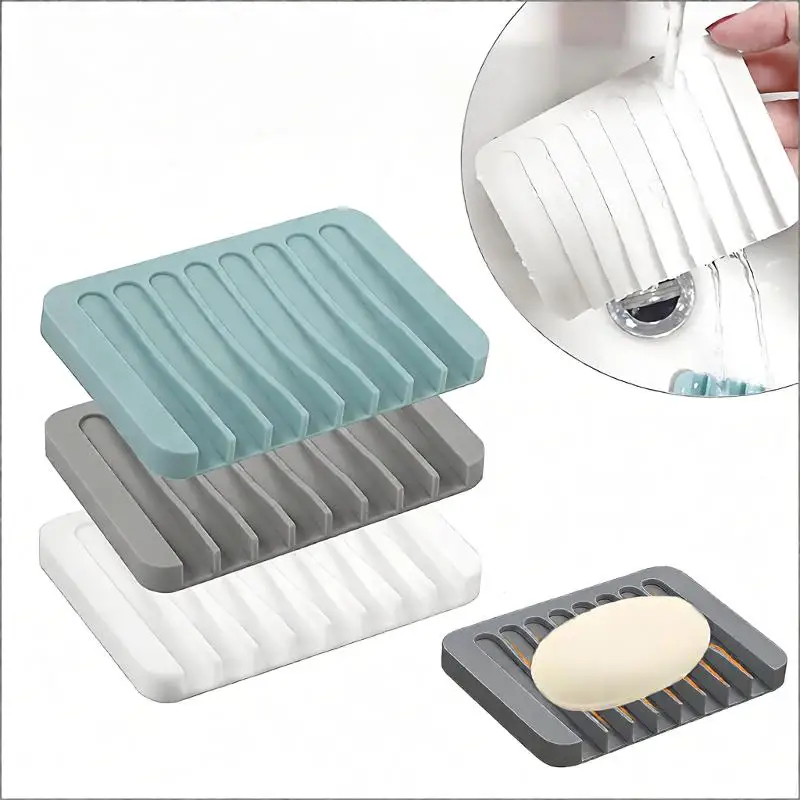 Free Punch Non Slip Silicone Soap Box Draining Holder Creative Soap Storage Shelf For Kitchen Bathroom Countertop Household Use