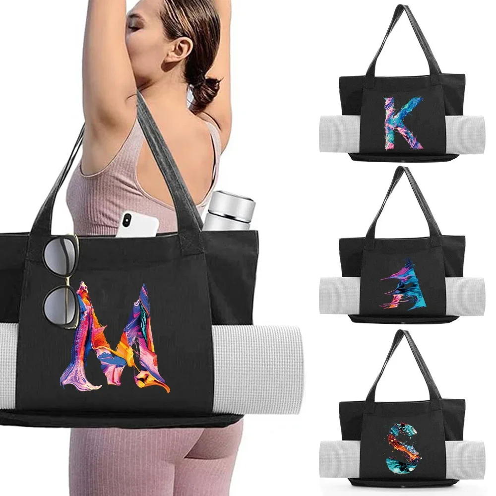 Women's Yoga Mat Tote Bag Gym Bags Portable Canvas Handbag Large-capacity Pilates Shoulder Bags Storage Paint Printing Series