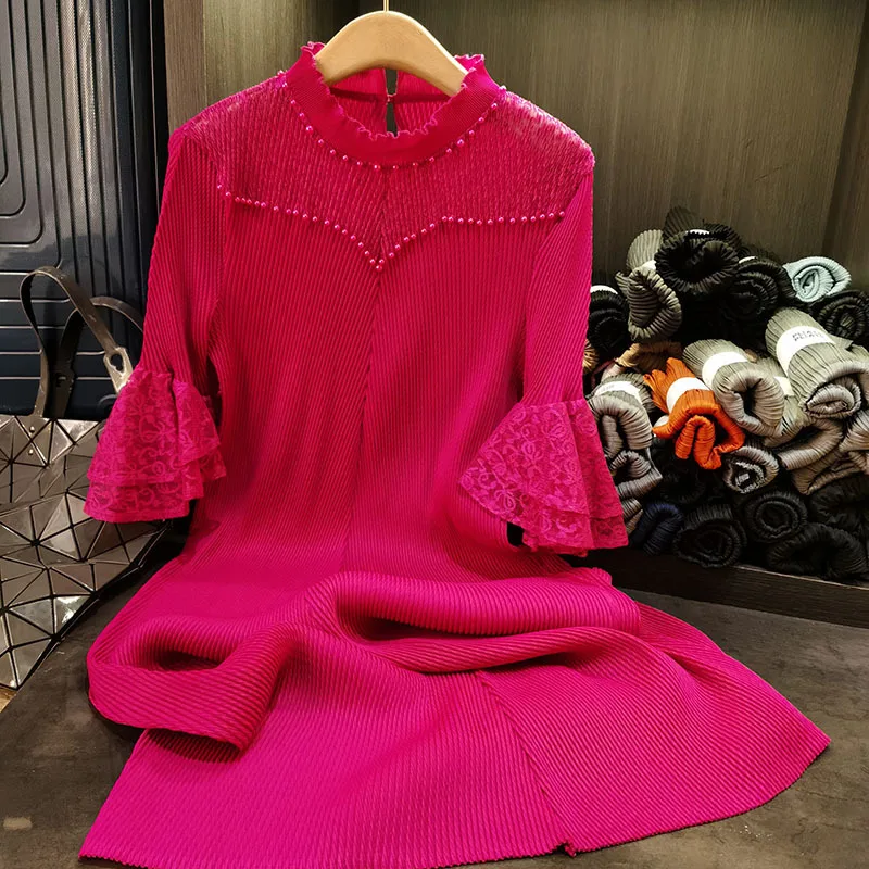 

Miyake Pleated Dress Temperament High-end Fold Dress Miyake Spring New Loose Thin Solid Color Pleat Mid-length Dresses Clothing