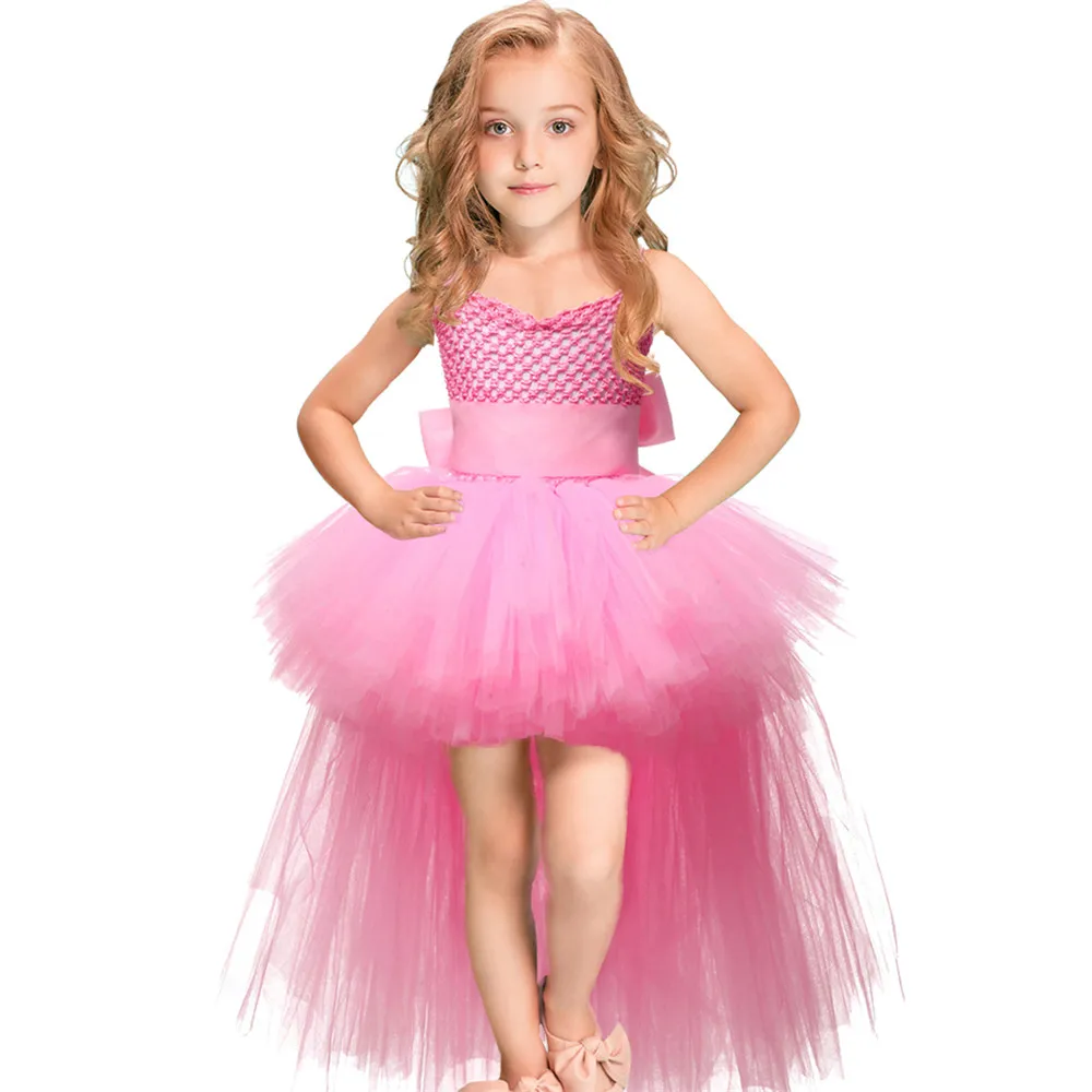 Girls Pink Black Tutu Dress V-neck Train Girl Evening Birthday Party Tulle Dresses Girl Ball Gown Dress Kids Halloween Costumes