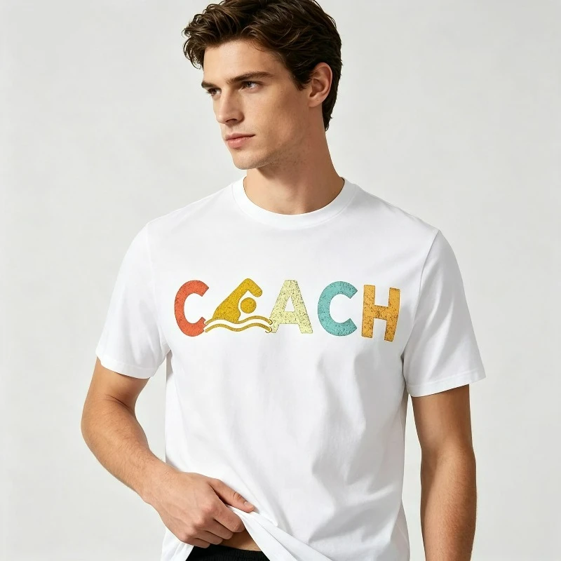 COACH Swim Sport Graphic T-Shirt 100% Cotton Vintage Multicolor Print Tee Men Casual Party Festival Daily Tops