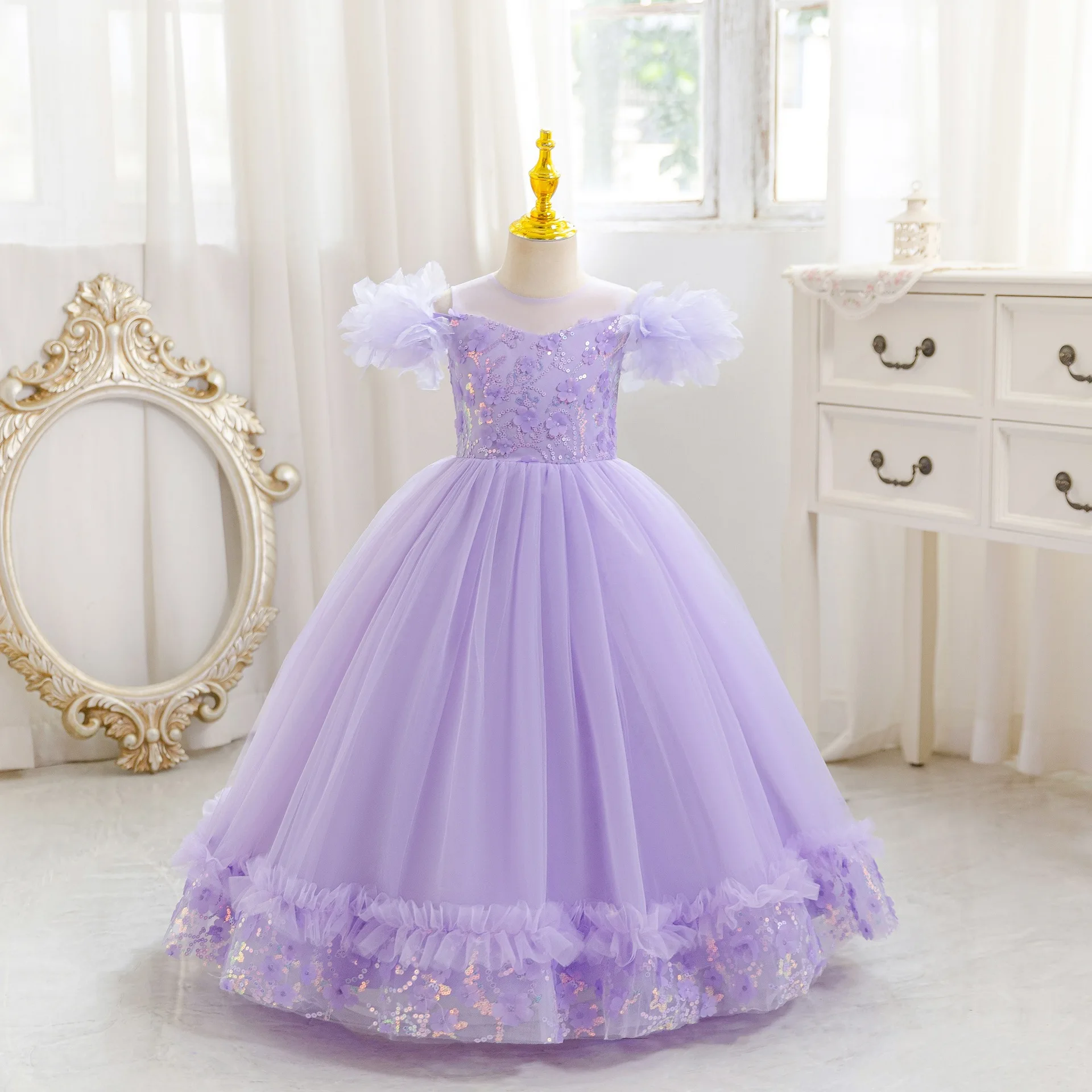 HETISO Children's Party Dress Petal Sequins Flower Kids Girls Long Mesh Wedding Summer Wedding Ball Gown 4-12 Years