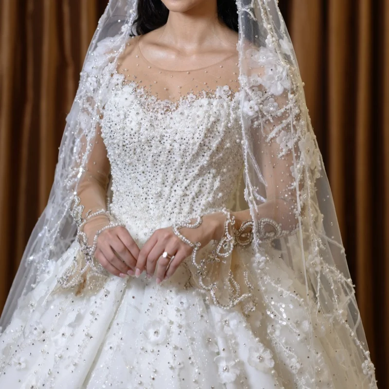 Custom Luxury 3D Floral Beaded Ball Gown Wedding Dress 2026 Sheer Long Sleeve Bridal Gown Plus Size Vestido De Novia