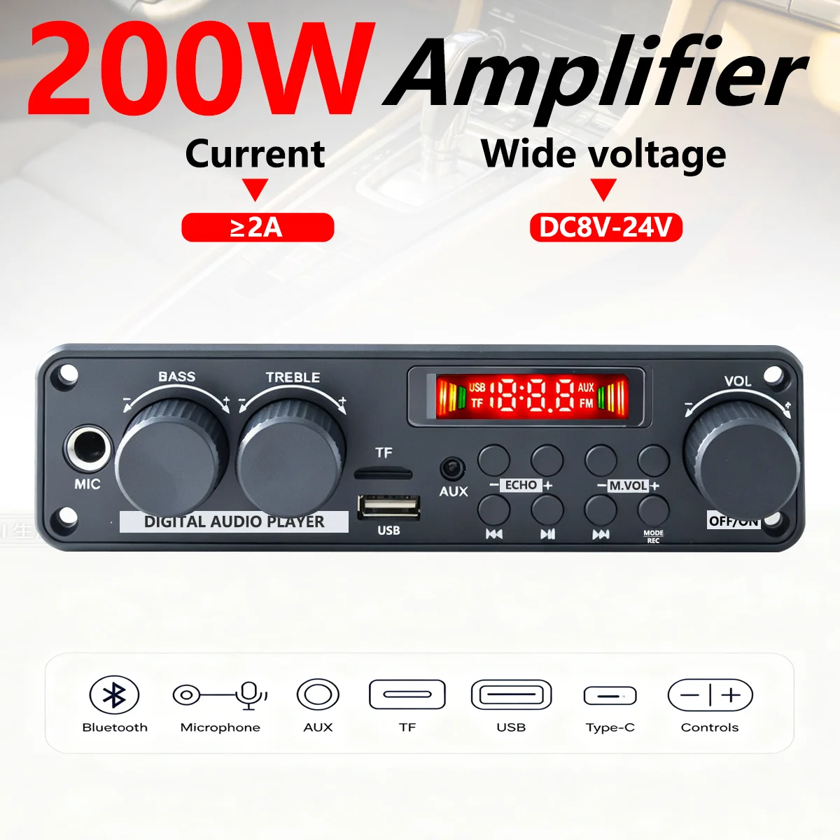 200W 2×100W Amplifier Board, Bluetooth Audio Amp with Digital Player, USB/TF/AUX/FM, Mic & Remote for Car Home DIY