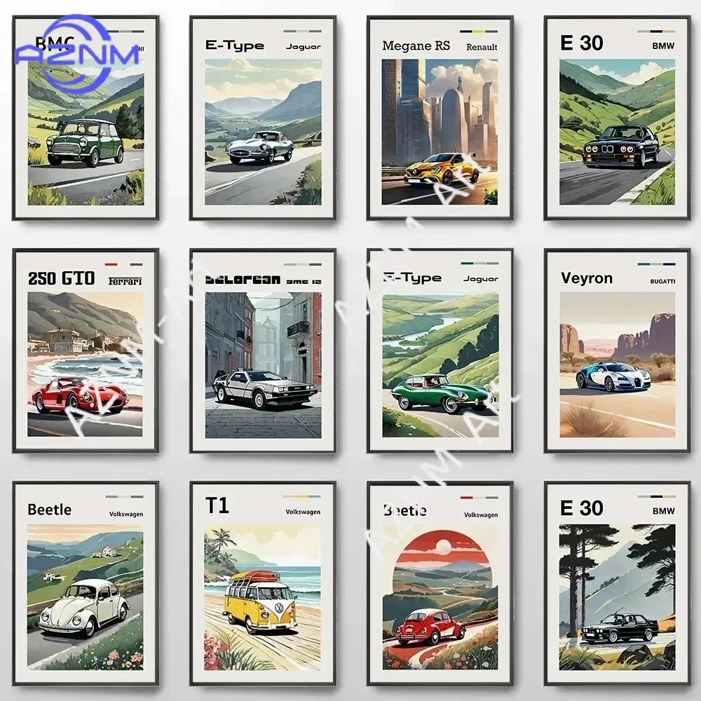 

Классические автомобили GT40, BMW E30 и Ford: ретро-постеры с мультяшными изображениями, картины на холсте, современный декор для дома, гостиной, спальни, настенное искусство