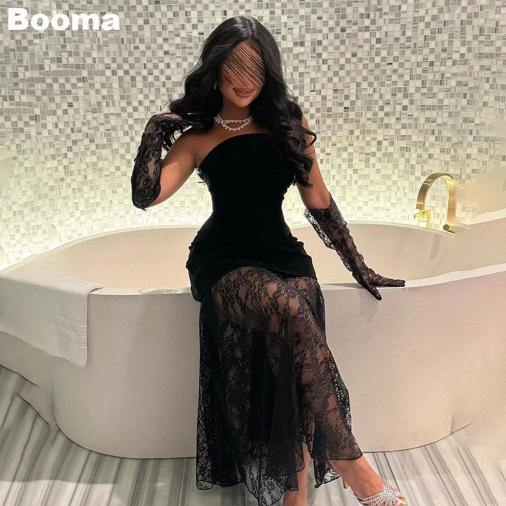 Booma Mermaid Evening Dresses Strapless Sleeveless Velvet Lace Formal Occasion Gowns for Women Ankle Length Prom Dress Customize