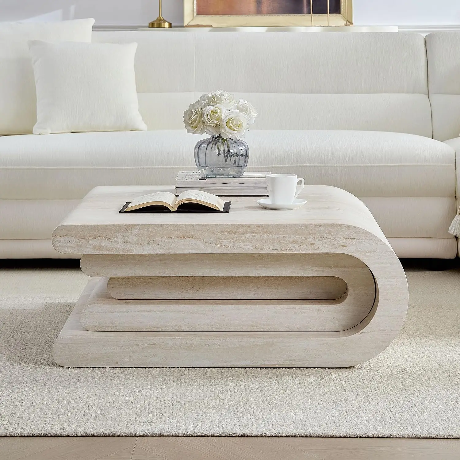 Square Faux Travertine Coffee Table Modern Irregular Layered Base Living Room Office Apartment No Assembly Beige, Customized