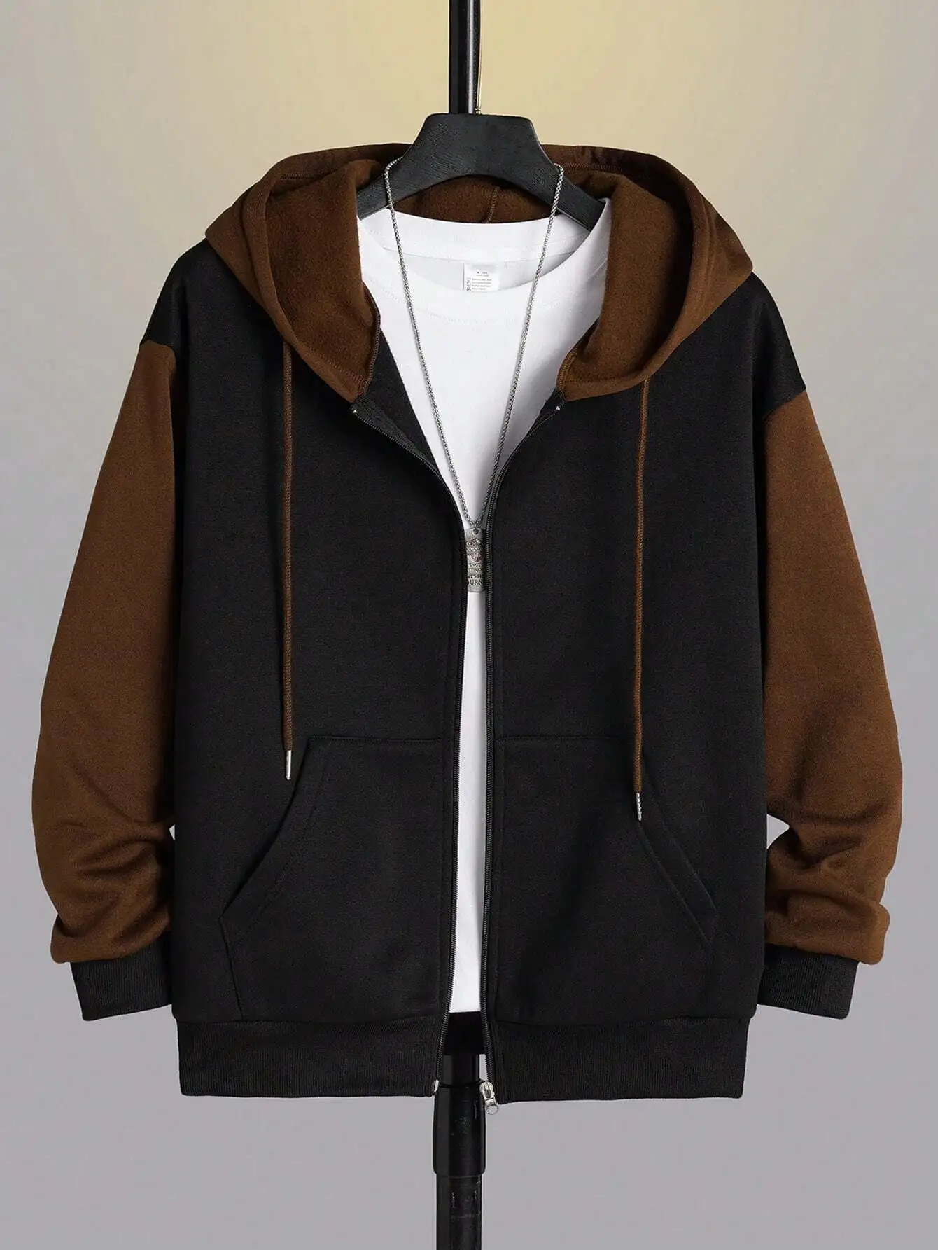 

Men's Colorblock Zip-Up Hoodie with Drawstring, Long Sleeve Casual Top for Fall