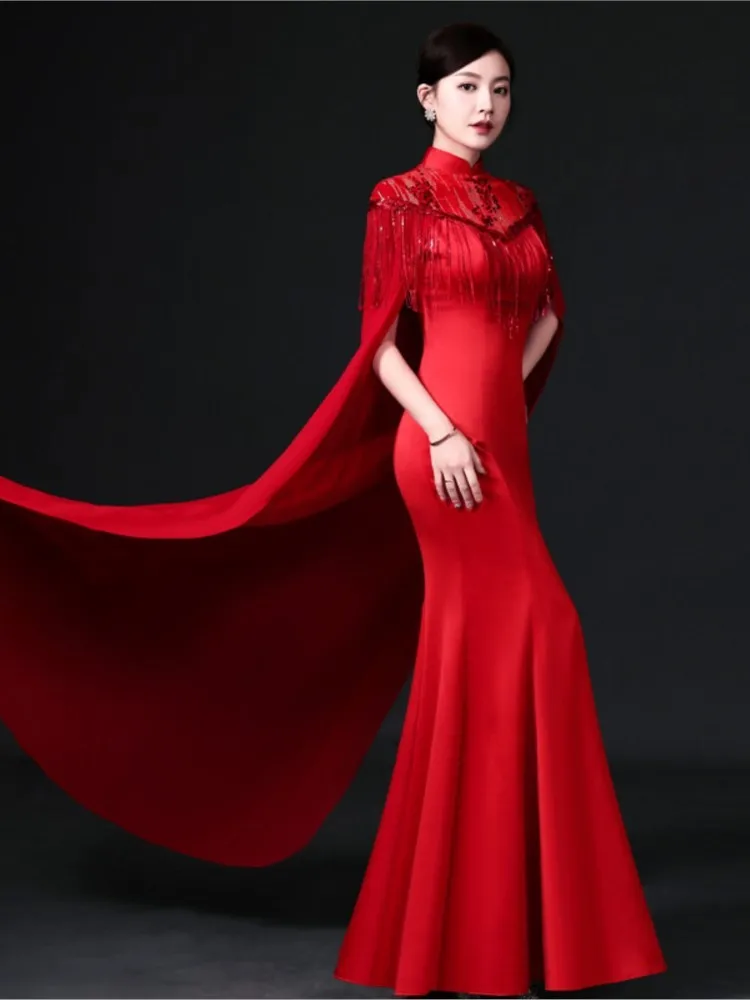 

Chinese-style fishtail long performance cheongsam with cape dress