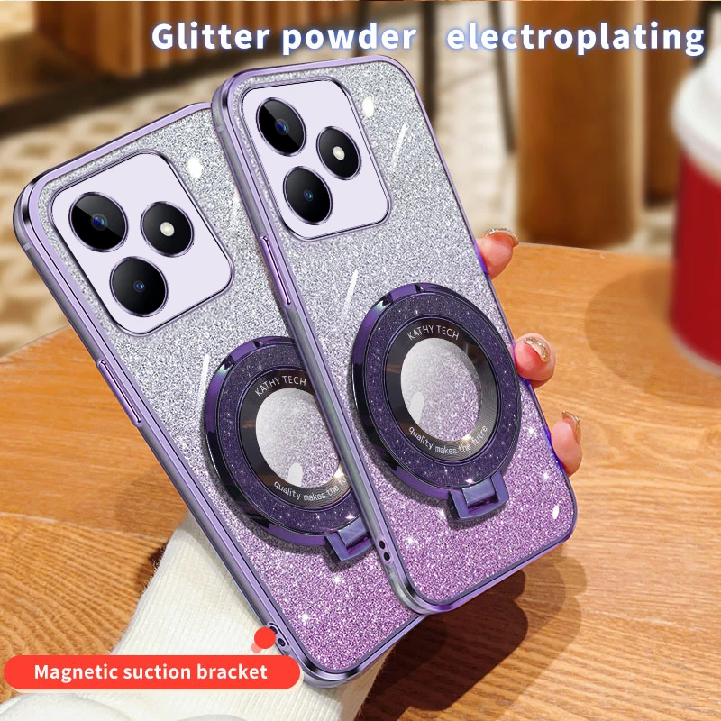 

Glitter Electroplate Magnetic Suction Holder Phone Case Fr Realme Q Q3 Q3i V11 V13 V25 Narzo 10 20 30 30A 50 50A N53 Prime Cover