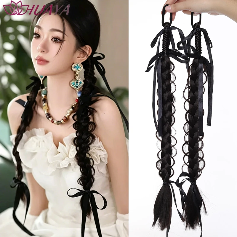 Synthetic Fiber Twist Braided Ponytail Wig With Silk Ribbon, Zero Difficulty Wear For Daily Halloween CosplayPartyHairExtensions