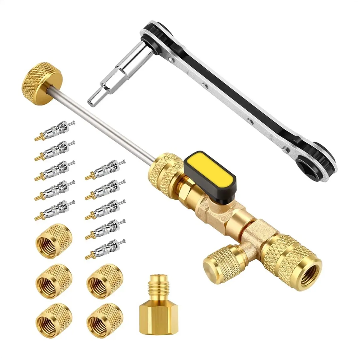 DT56 Valve Core Remover Tool and HVAC Service Wrench Set with Hex Bit Adapter,Size SAE 1/4 & 5/16 Port,10 PCS Valve Cores Et