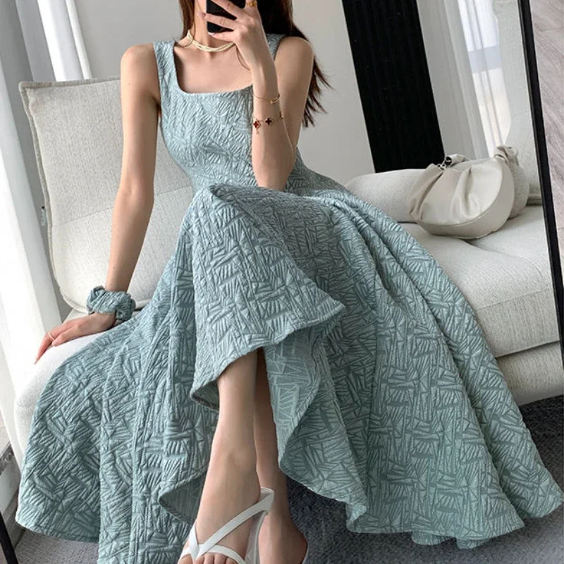 

2022 Summer French Fold Blue Mesh A-line Dress Sleeveless Square Collar Elegant Dress Party Dress OL Style Clothing for Female