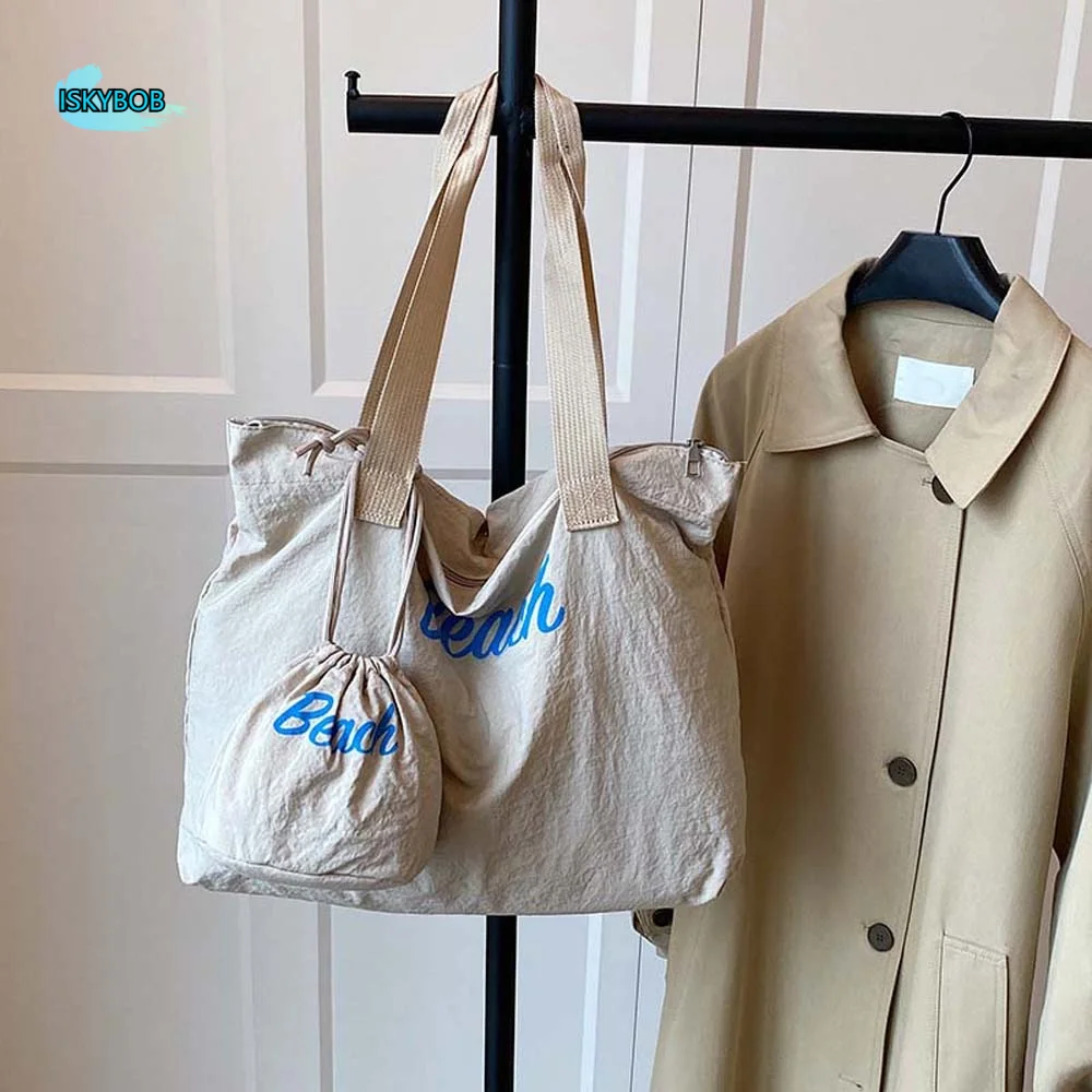 

Leisure Composite Tote Bags Dopamine Japanese Style Drawstring Shoulder Pouch Simple Beach Letter Women Cloth Underarm Bag