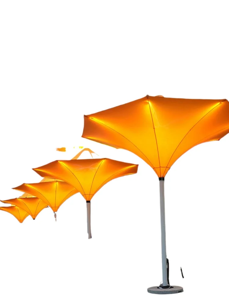 

Printed central column umbrella with lamp Commercial square 3.5 meters Outdoor parasol Homestay courtyard decorative lotus