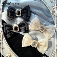 Lolita Clip de zapato hecho a mano para mujer, hebilla de zapato con lazo de diamantes de imitación, lazo desmontable, adorno de zapato dulce