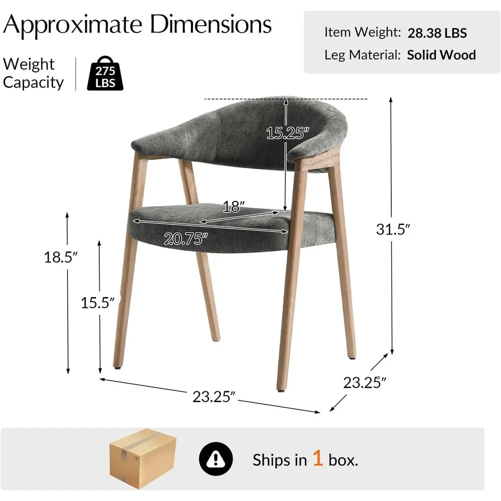 Set di 2 sedie da pranzo imbottite moderne Mid-Century, grigie, con braccioli, schienali curvi e gambe in legno massello per cucina o Res