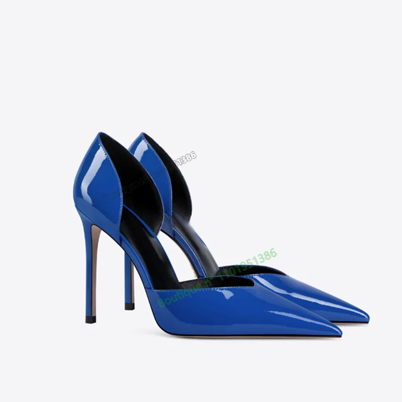 Blue PU Leather Cut Out Pumps Shallow High Heel Shoes for Women Solid Pointed Toe Shoes on Heels 2023 New Zapatos Para Mujere