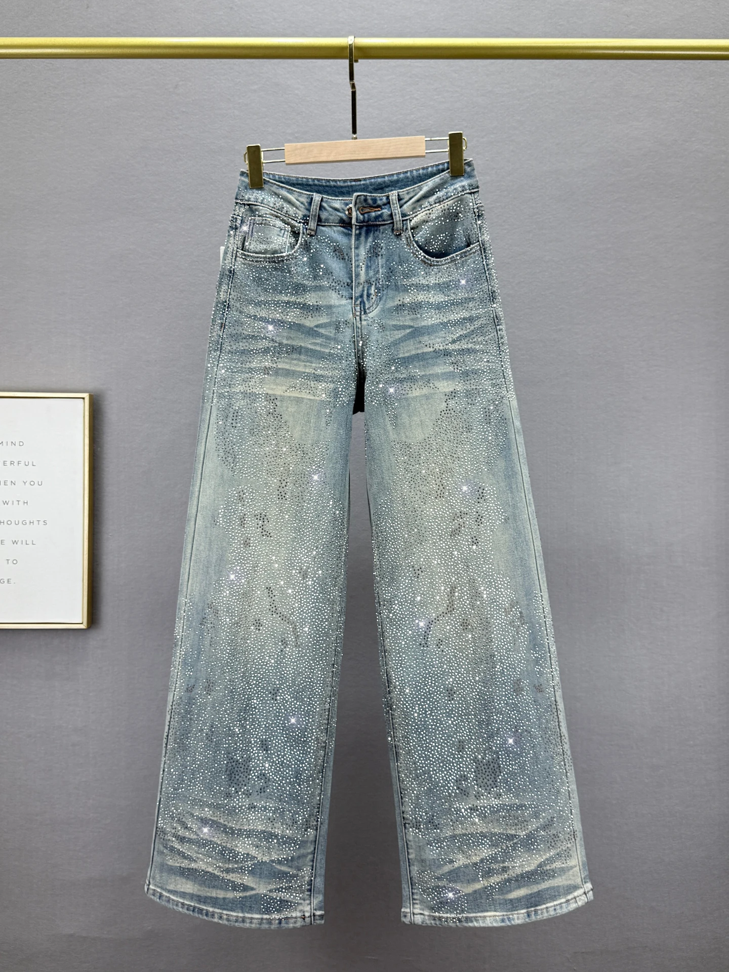 Trendy Women's High Waist Loose Fit Slimming Wide Leg Jeans Heavy Embellied Denim Blue Cotton Stretch Retro Sle