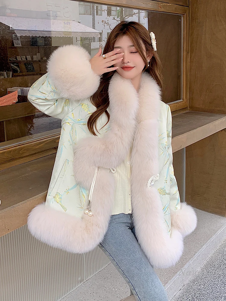 2023 New Chinese Style Buckle Imitation Fox Fur Coat Women\'s Fashion Embroidered Cape Coat Winter Party Daily Fur Coats Street