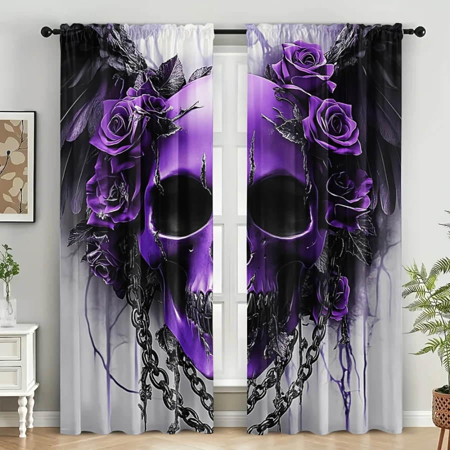 2PCS Digital Printed Curtains, Cat Witch Broom Pumpkin Pattern, Halloween Style Rod Pocket Drapes for Bedroom Living Room Decor