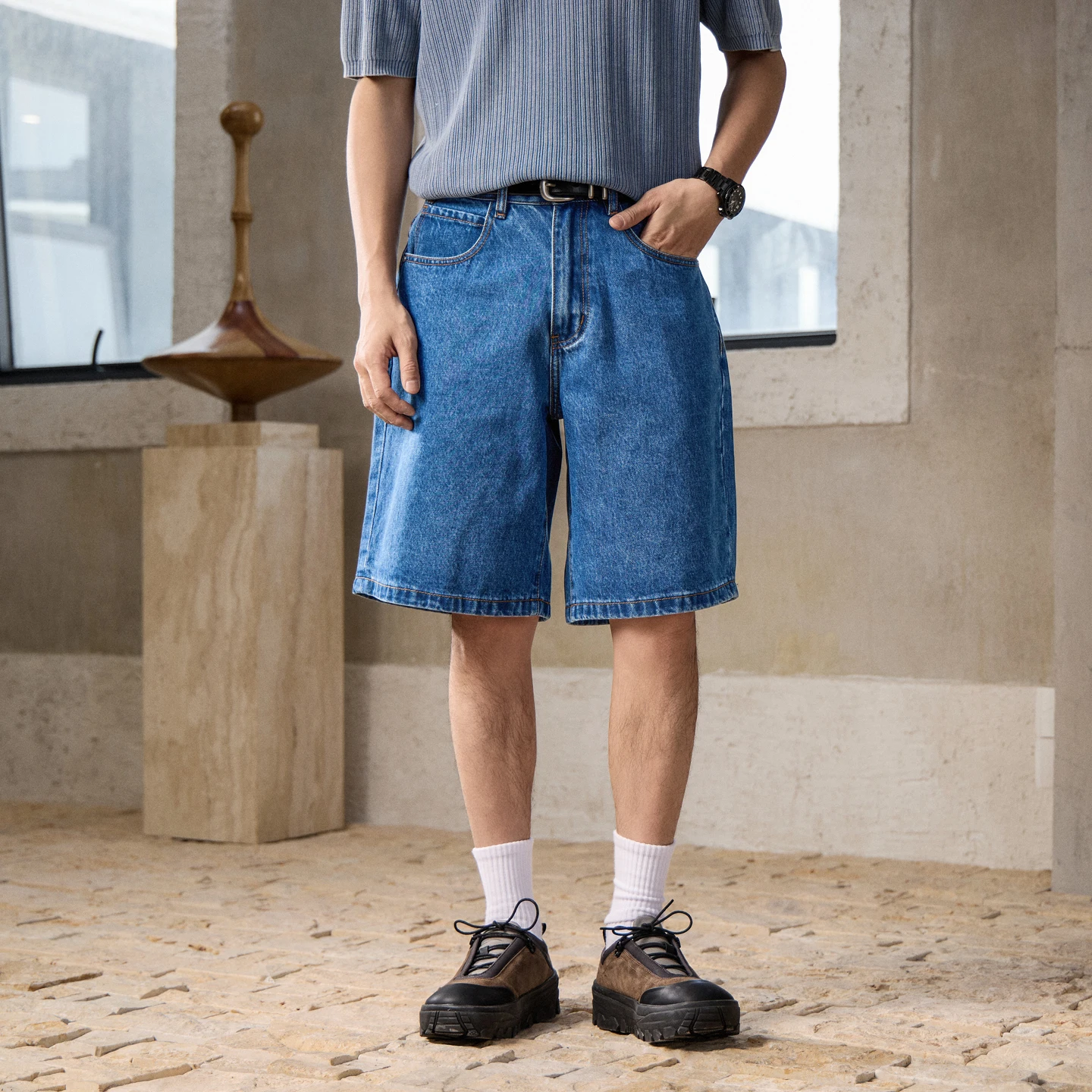 

Clanfit Straight Short Jeans Men Streetwear Fashion Classic Vintage Casual Loose Wide Leg Denim Shorts Jeans Pants Trousers
