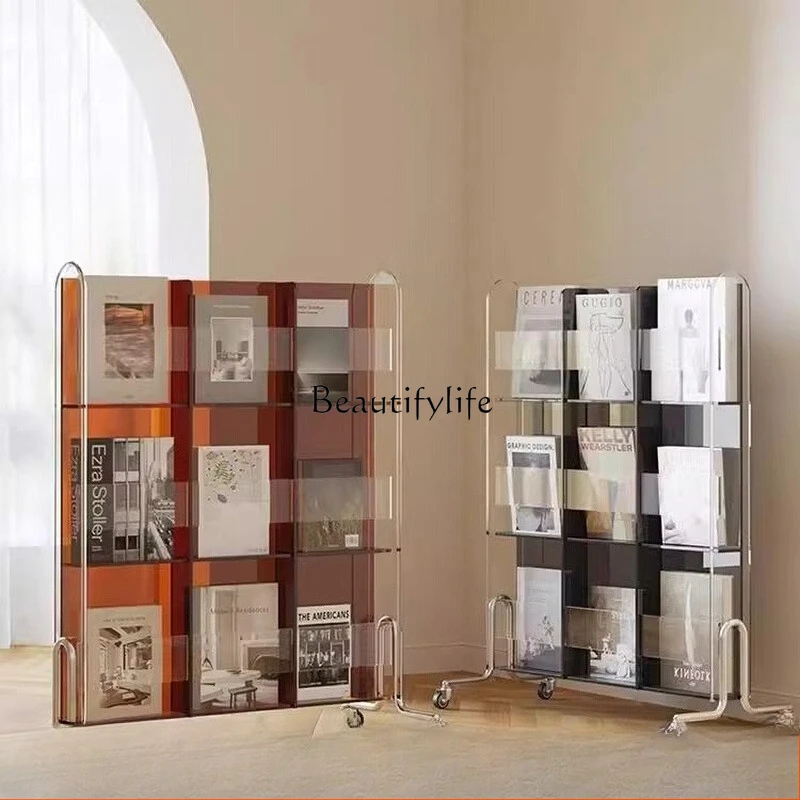 

Movable multi-layer floor acrylic display stand reading light luxury modern simple newspaper bookshelf storage