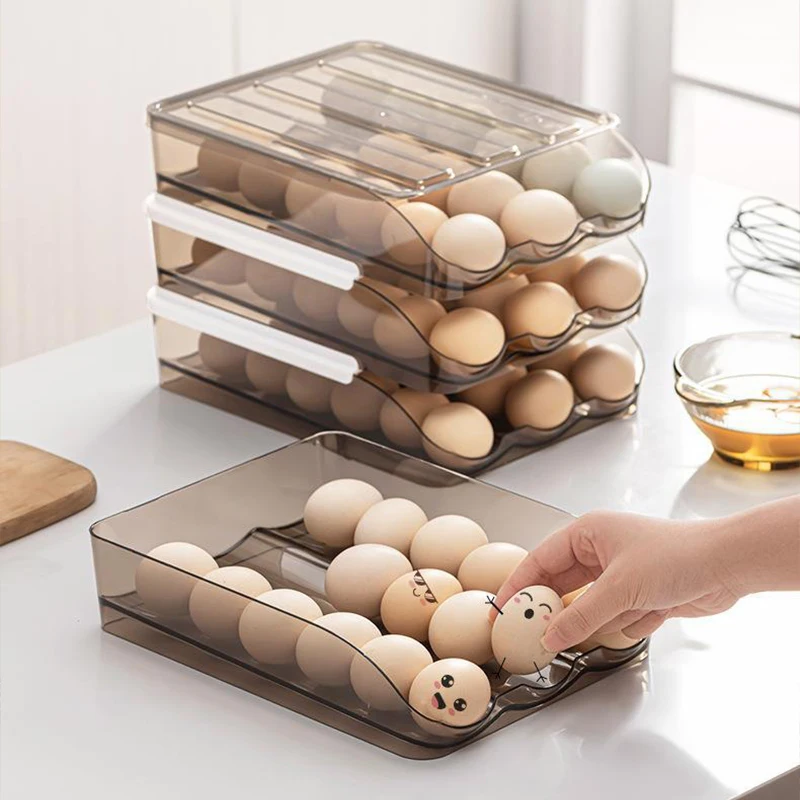 

Automatic Scrolling Egg Rack Holder Storage Box Egg Basket Container Organizer Rolldown Refrigerator Egg Dispenser For Kitchen