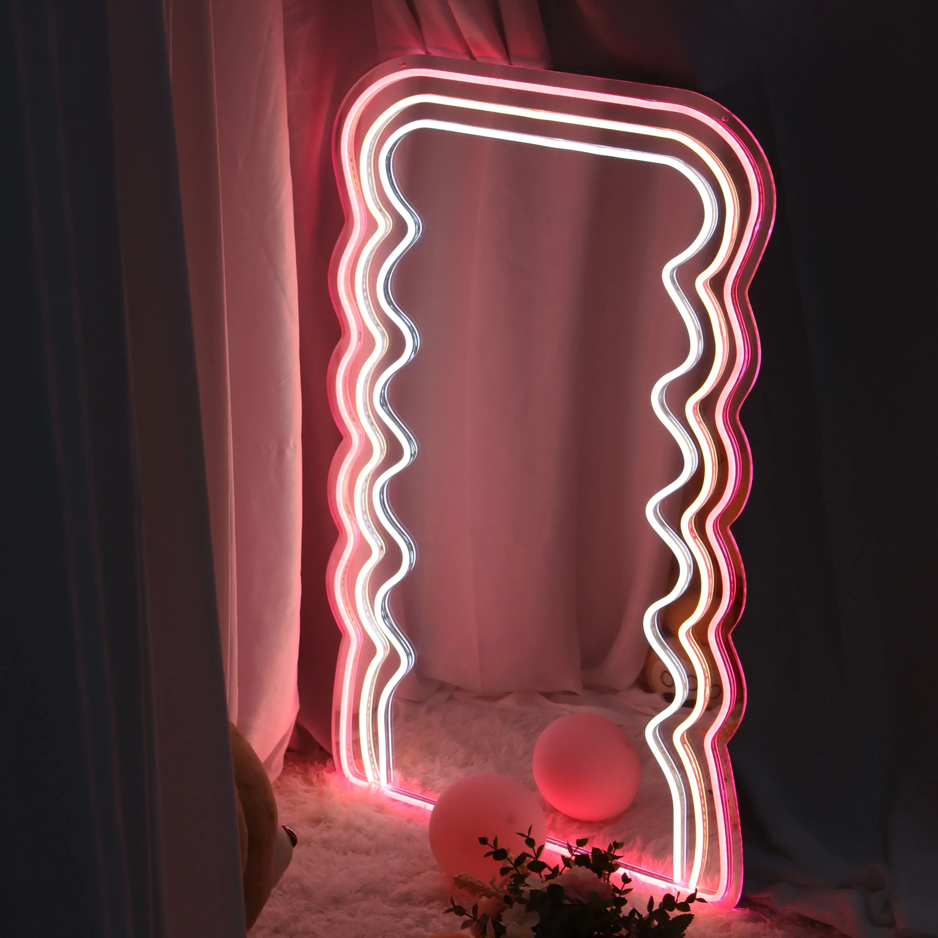 Wavy Neon Mirror Girls Home Room Decor Mirror Sign light Make Up Wave Mirror Night Lamp Custom Mirror Led Neon Sign Kawaii