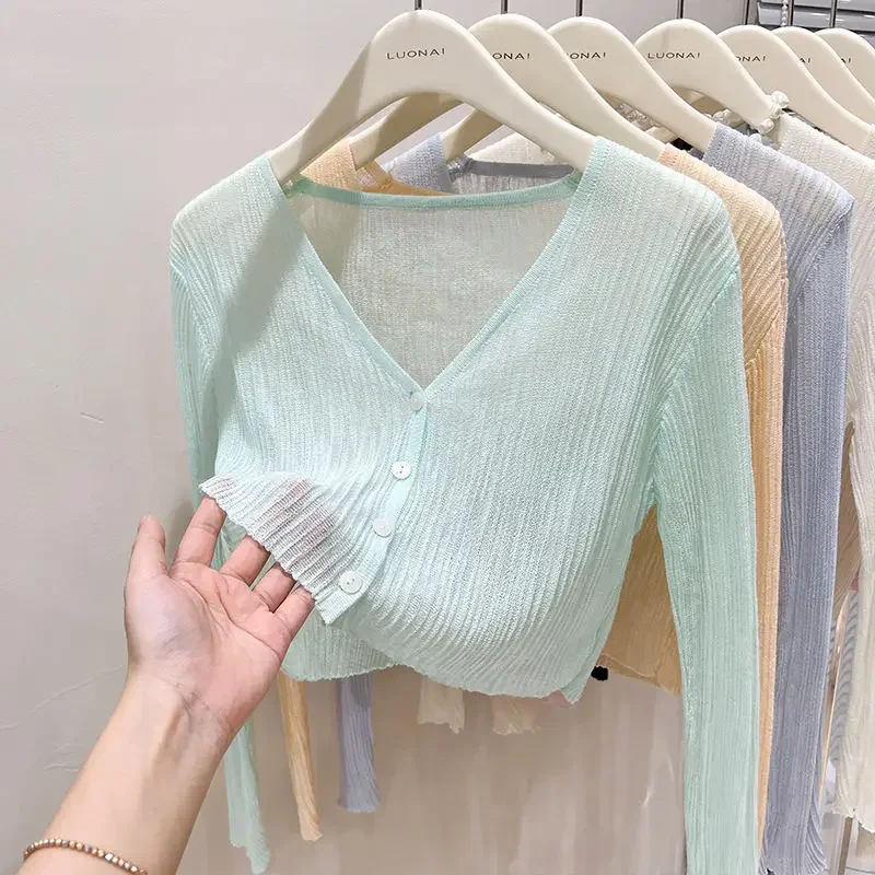 Thin Knit Ice Silk Cardigan Women Long Sleeved Summer Outerwear Short Shirt Sun Protection Shawl V-neck Solid Color Leisure Tops