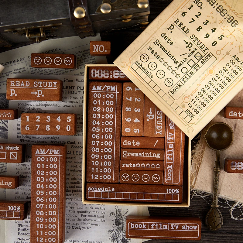 일일 주간 월별 타임 라인 스탬프 세트 플래너, 빈티지 저널링 용품, 스크랩북 날짜 계획, 목재 스탬프, 도장 문구