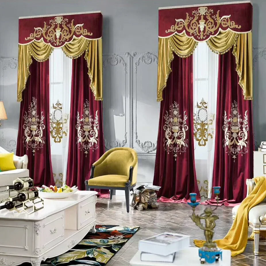 New Velvet Embroidered Curtains European Style Light Luxury Villa Duplex Blackout Large Flower Curtain Fabric Room Decor Sale