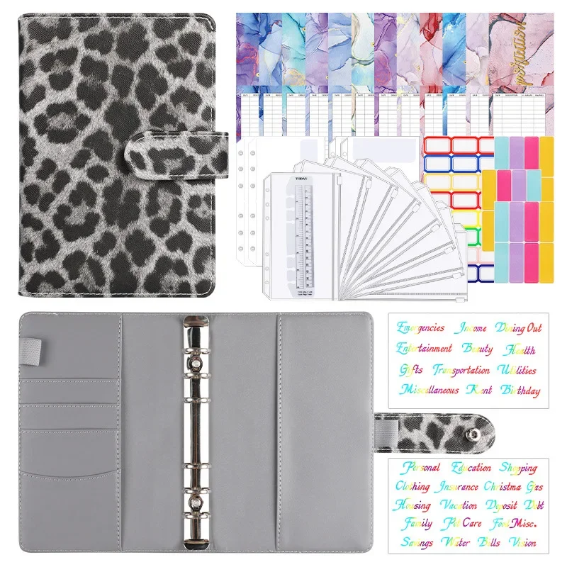 leopard print pu leather notebook folhas soltas livro de orcamento fichario conjunto manual papelaria de escritorio a6 01