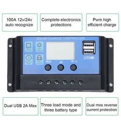 Solar Charge Controller 12V 24V 100A/60A/50A/40A/30A/20A/10A Auto LCD Dual USB StreetLamp Charging  Camping  Home  RV Grassland