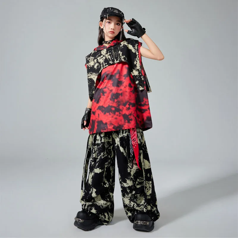 Girls K-pop Cool Graffiti Hooded Vest Street Dance Cargo Pants Boys Hip Hop Top Costume Kids Teens Streetwear Child Clothes Sets
