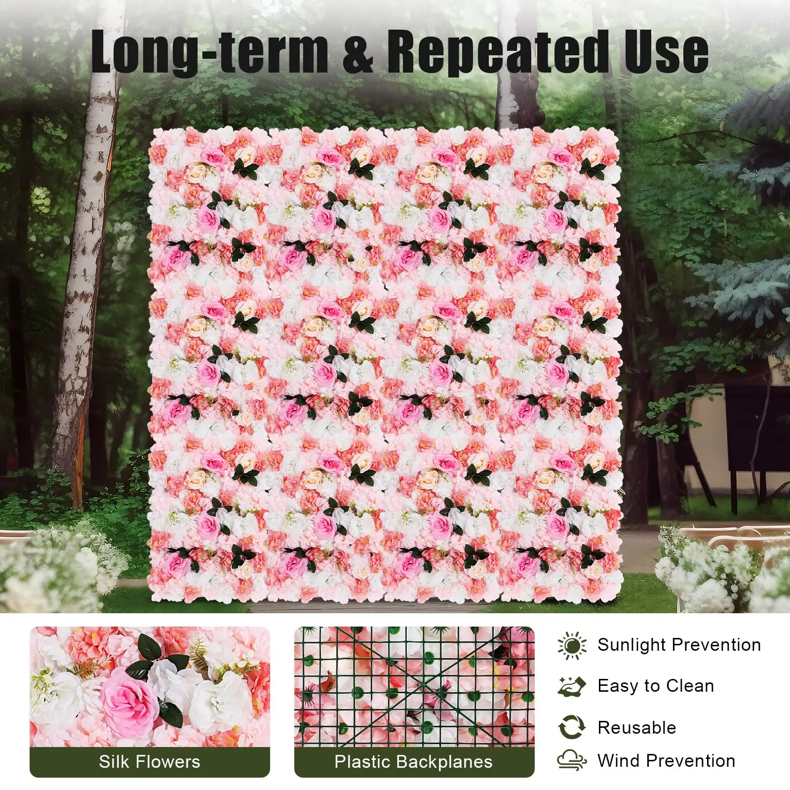 Loyalheartdy Paquete de 12 paneles de pared de flores artificiales, 24 "X 16", paneles de fondo de flores artificiales de rosas sintéticas blancas y rosas para Weddi