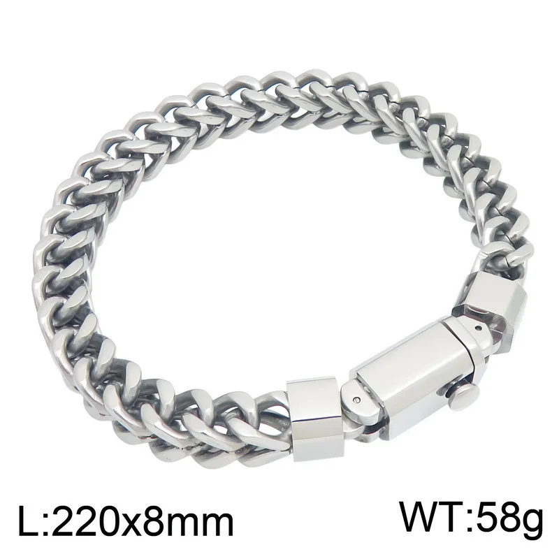Stainless Steel Hip-Hop Square Snap Franco Chain Bracelet Spring Buckle Frame - Reversible Mens Jewelry Accessory 8mm 8.66''