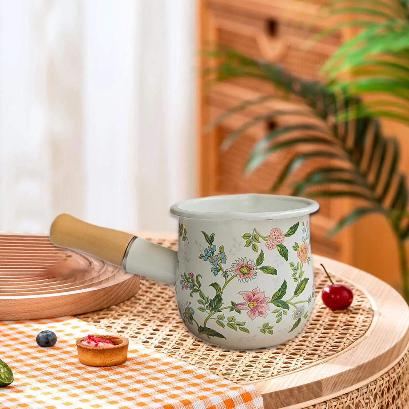 

Маленькая эмалированная кастрюля для молока, мини-суповая кастрюля, посуда 400 мл с деревянной ручкой, маленькая кастрюля, кастрюля для соуса, ресторан, кухня для кемпинга