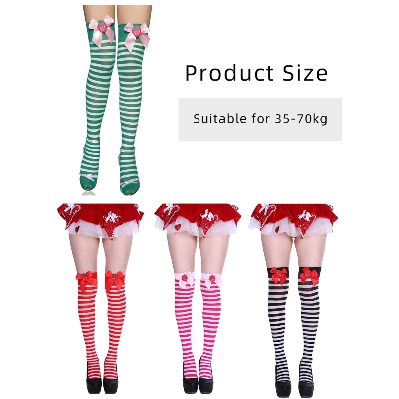 Over the Knee Long Socks with Strawberry Bowknot for Festival Party Outfits Women Christmas Striped Thigh High Stockings