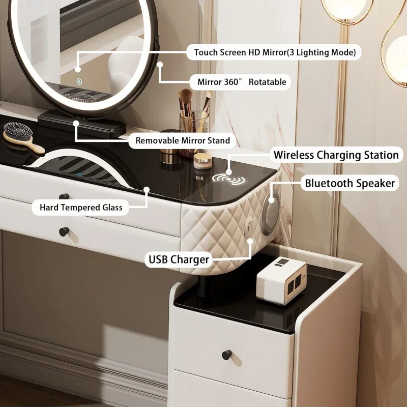 Luxury Solid Wood Vanity Pre-Assembled,Smart Makeup Desk Multiple Function,with Chair (White)