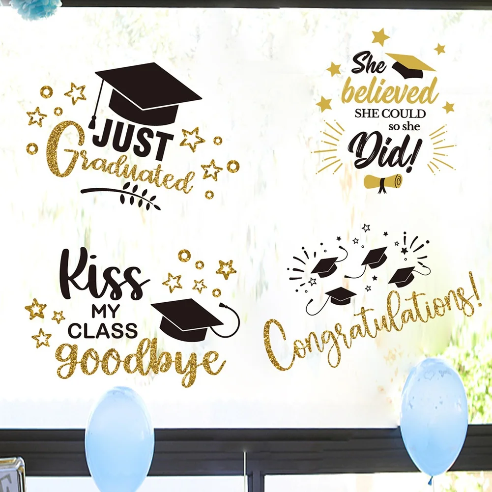 4PC Graduation Stickers PVC Wall Decals Gold Stripes School Ceremony Room Decor Easy- Apply 30x20cm Set