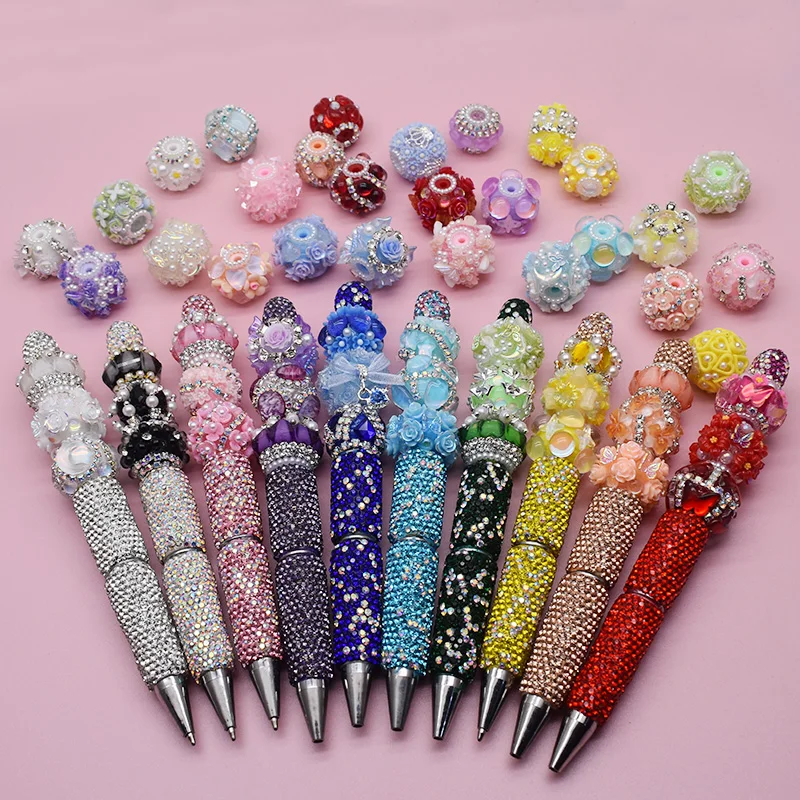 New Color Handmade Acrylic Beads for Jewelry Making Pink Flower Pen Beads DIY Bead Pen Keychains Phone Chain 3Pcs 18-25mm