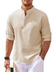 Camisas de lino y algodón de manga larga para hombre, camisas de Color sólido con cuello levantado, estilo informal de playa, talla grande S-5XL, gran oferta, primavera y otoño