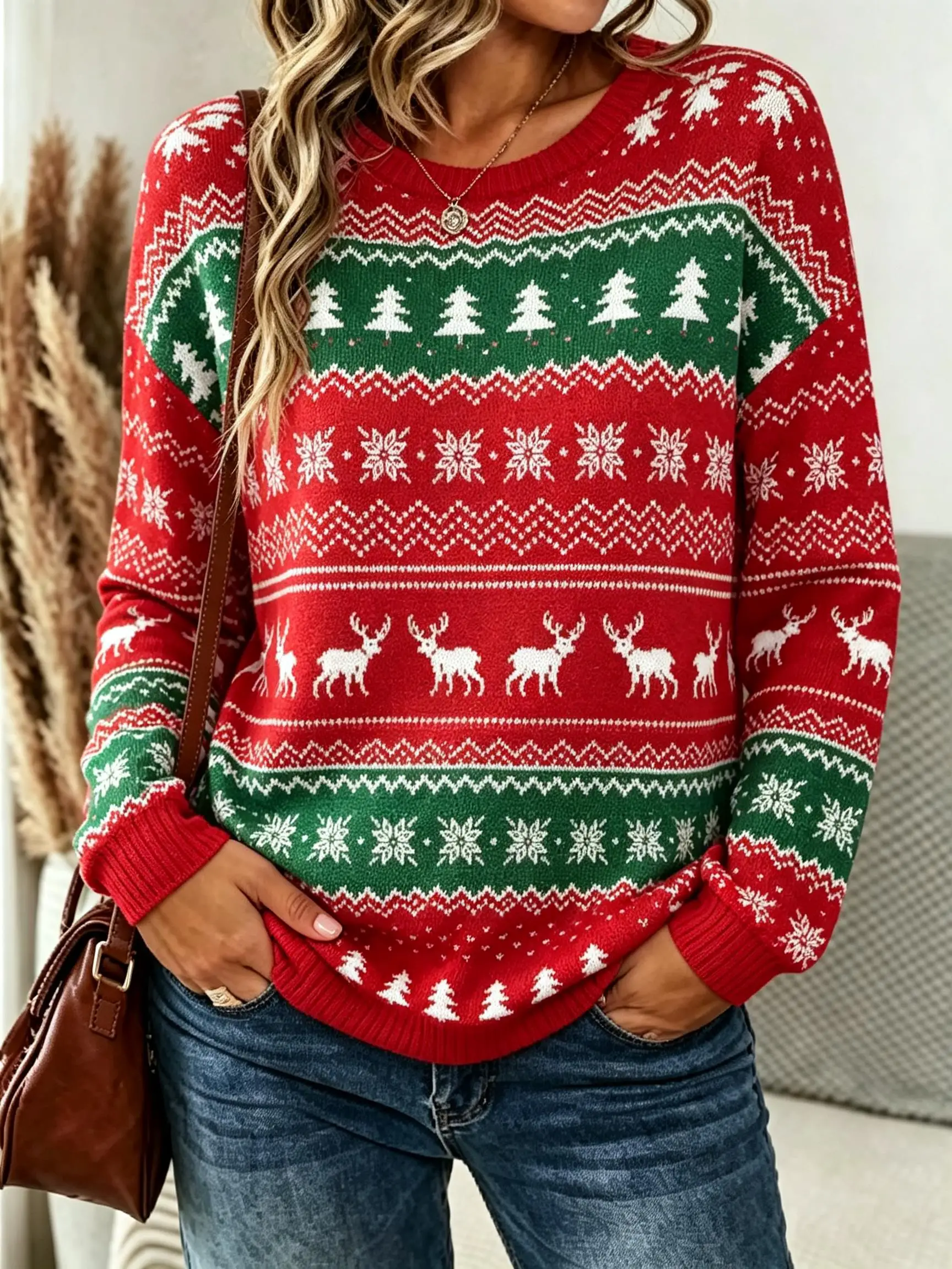 Women Long Sleeve Tee Top Christmas Fairisle Reindeer Tree Snowflake Print Autumn Fashion Casual O-Neck T-shirt Women's Clothes