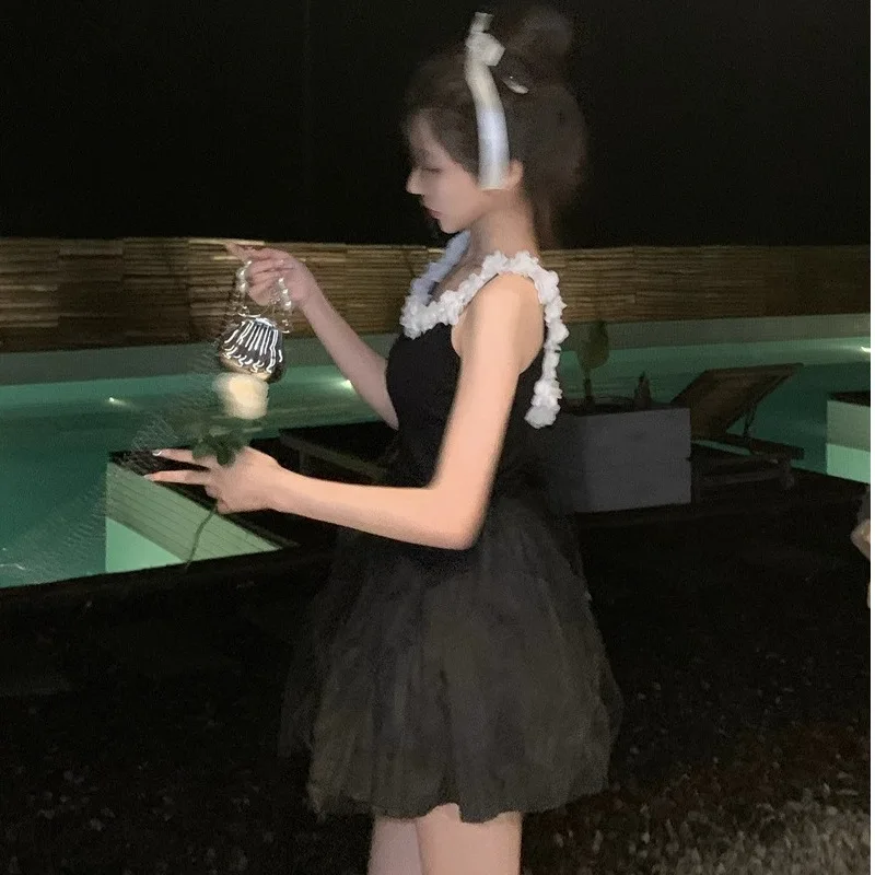 Letnia seksowna sukienka na ramiączkach z dekoltem typu O, bez pleców, damska sukienka, jednolita, wiązana, kwiatowa, bez rękawów, suknia balowa, elegancka, dopasowana bluzka damska.