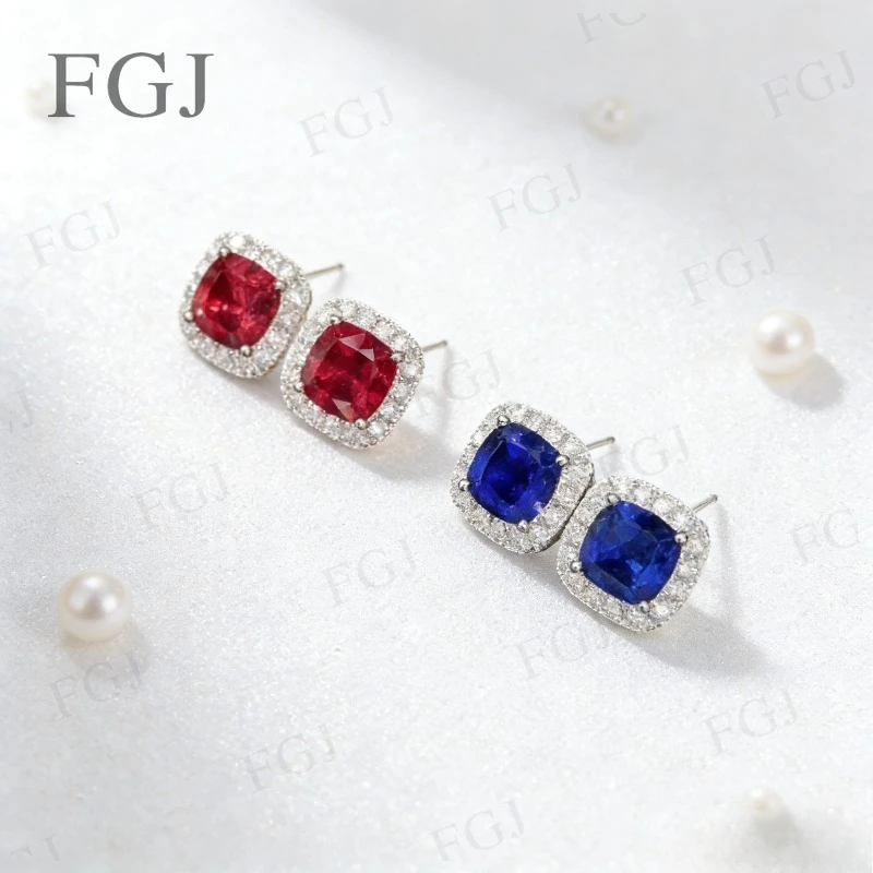 

925 Sterling Silver Cushion Earring Lab Grown Sapphire Ruby Earrings Wedding Anniversary Party Fine Jewelry Gifts For Ladies