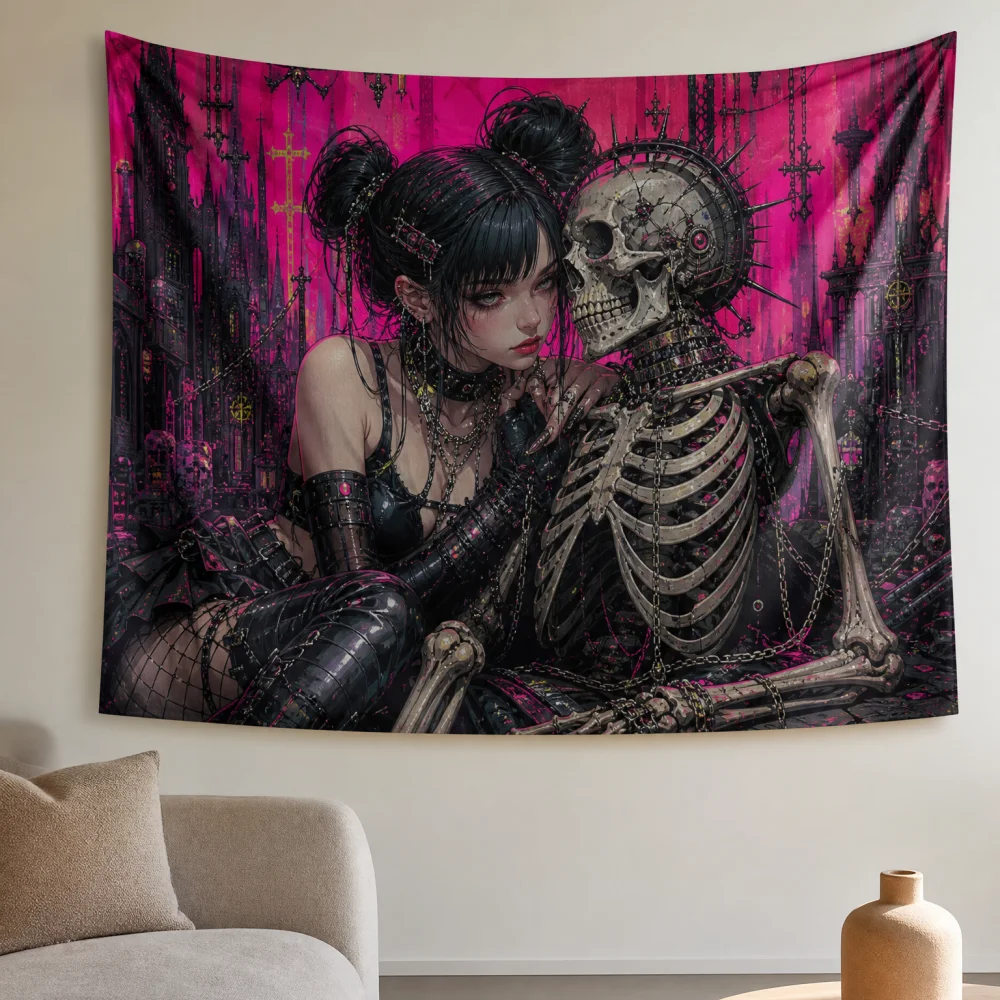 Gothic double shot girl skeleton 150X100CM customizable printed tapestry dormitory cool dark wall decoration background cloth