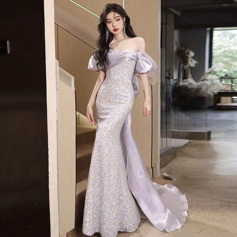 

Customized Dreamy Evening Dresses Off Shoulder Beading Seuqined Lace Luxury Mermaid Prom Party Formal Dress For Women With Bow