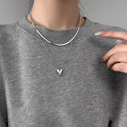Stainless Steel Charm  Double Layer Peach Heart Pendant Necklace Jewelry for Women Cute Cool Clavicle Chain
