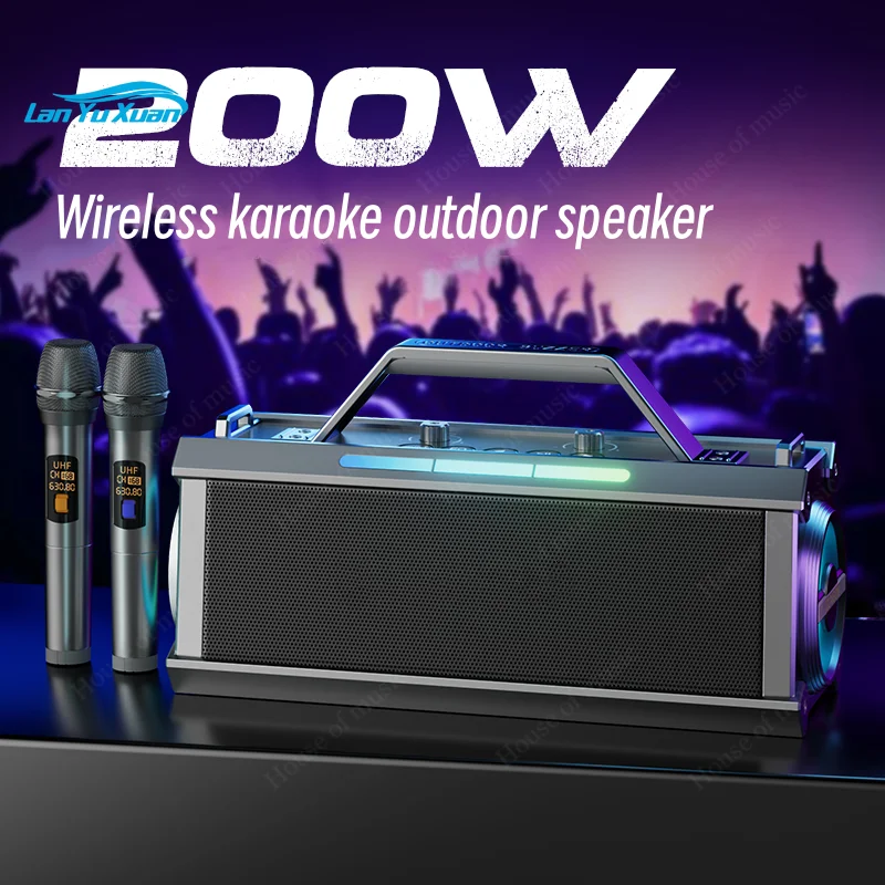 200W Outdoor Karaoke Portable Wireless Speaker Heavy Subwoofer With 2 Microphones Supporting Bluetooth/TF Card/USB Play FM RADIO